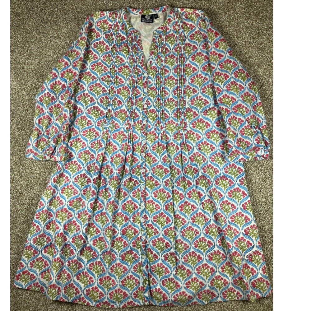Madison Mathews Block Print Cotton Mini Dress Pink Blue Floral Pintuck Large